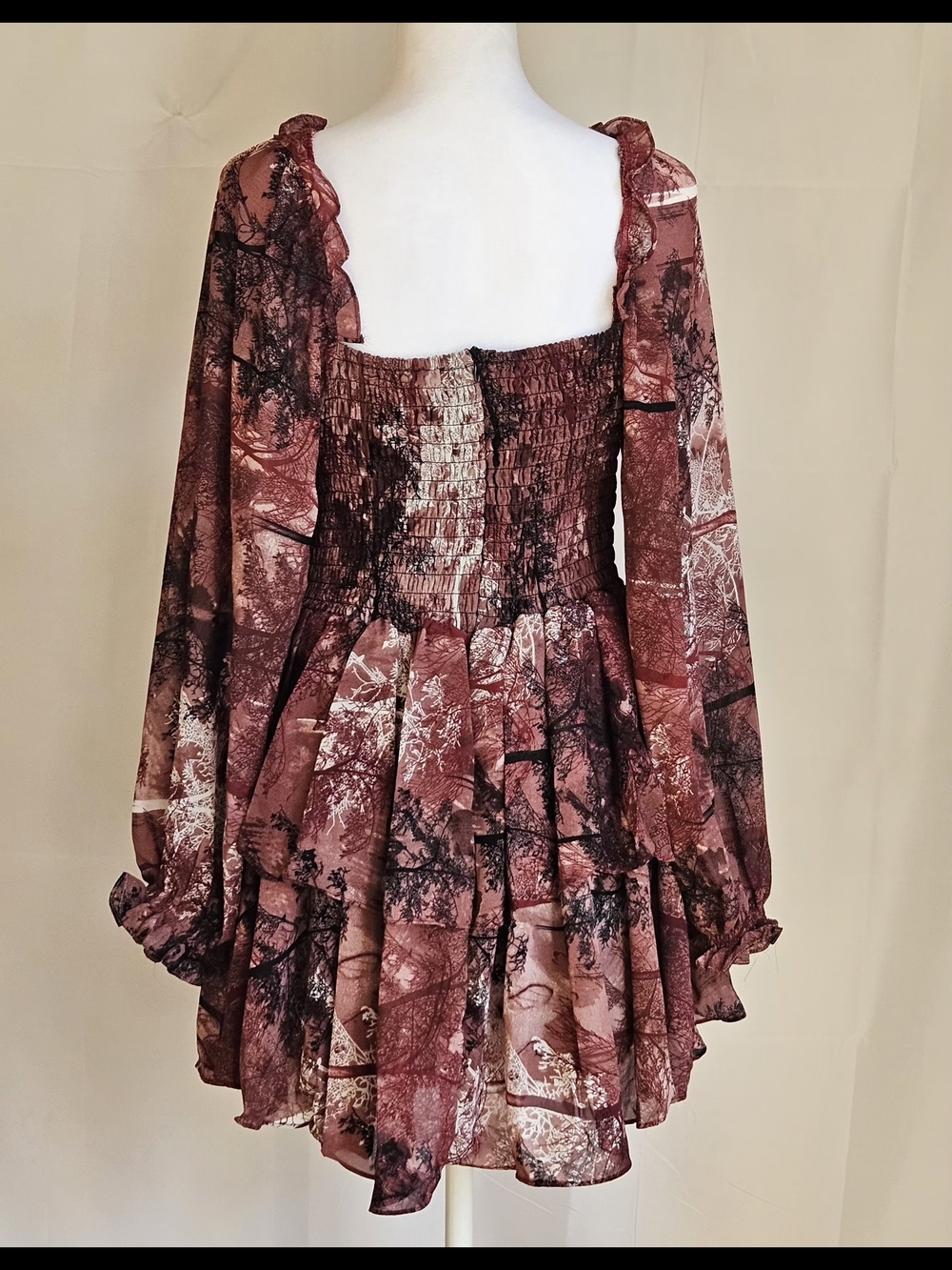 Cottagecore Forest Print Skort Romper Dress Long Sleeve Brown Size S/M NWT - Picture 5 of 14